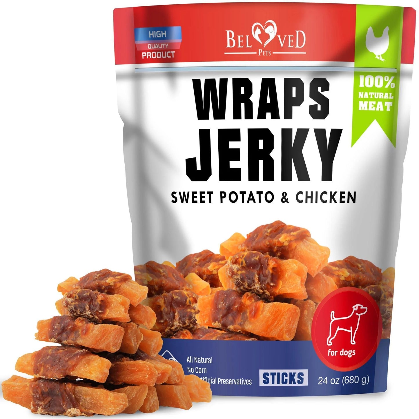 Chicken Jerky Dog Treats Human Grade Grain Free Organic Meat All Natural High Protein Dried Strips Best Chews for Training Small & Large Dogs Bulk Soft Pack Made for USA 24 Oz. (Sweet Potato)
