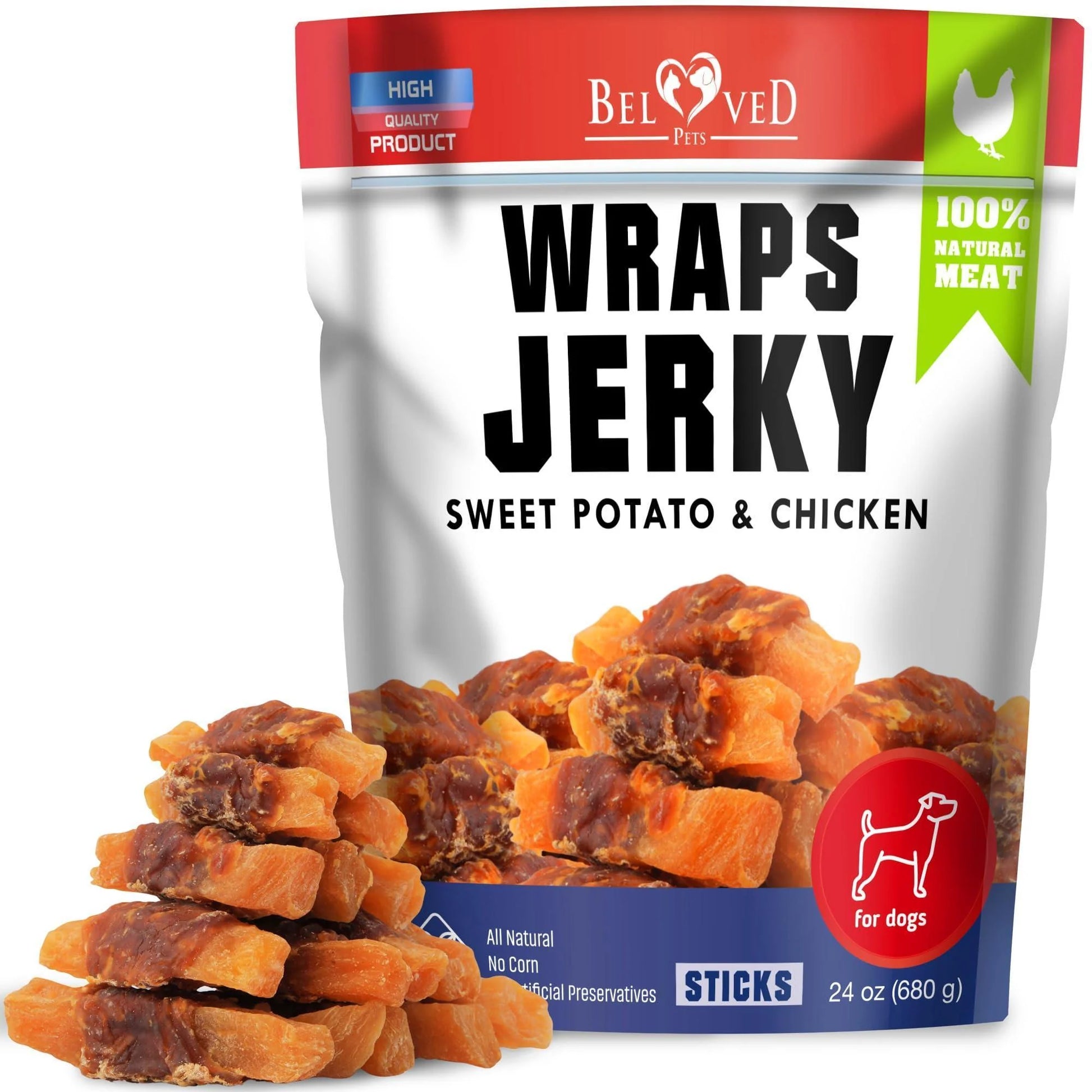 Chicken Jerky Dog Treats Human Grade Grain Free Organic Meat All Natural High Protein Dried Strips Best Chews for Training Small & Large Dogs Bulk Soft Pack Made for USA 24 Oz. (Sweet Potato)