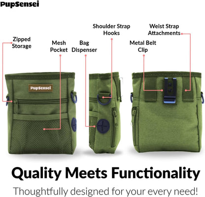 Dog Treat Pouch for Training – Magnetic Dog Treat Bag with Belt Clip & Poop Bag Dispenser – Hands Free Carry Pouch with Auto-Close Access & Shoulder Strap – Durable Pet Gear – Army Green