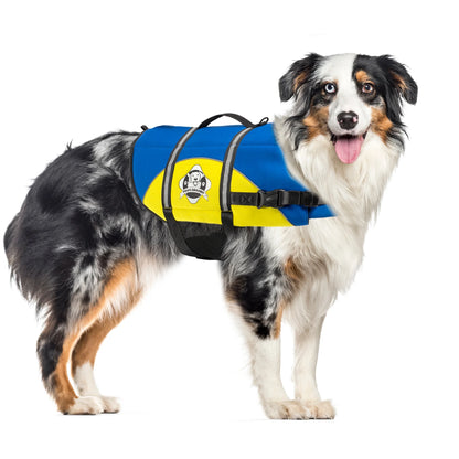 Dog Life Jacket - Keep Your Canine Safe with a Neoprene Life Vest - Designer Life Jackets - Perfect for Swimming and Boating - Blue and Yellow, Medium