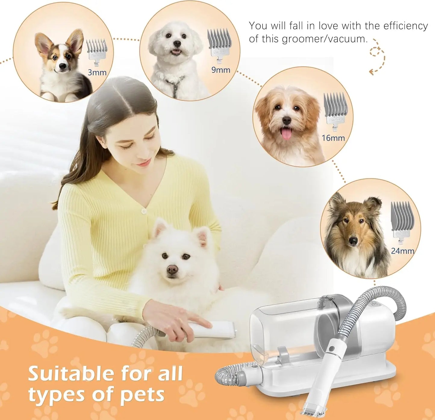 Dog Grooming Vacuum Kit with 2.3L Suction, 5 Tools for Pet Hair Removal, Low Noise Design