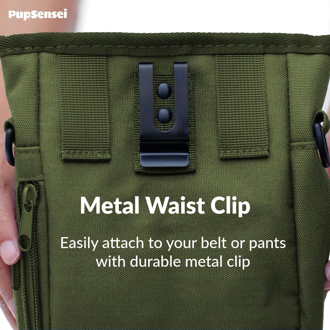 Dog Treat Pouch for Training – Magnetic Dog Treat Bag with Belt Clip & Poop Bag Dispenser – Hands Free Carry Pouch with Auto-Close Access & Shoulder Strap – Durable Pet Gear – Army Green