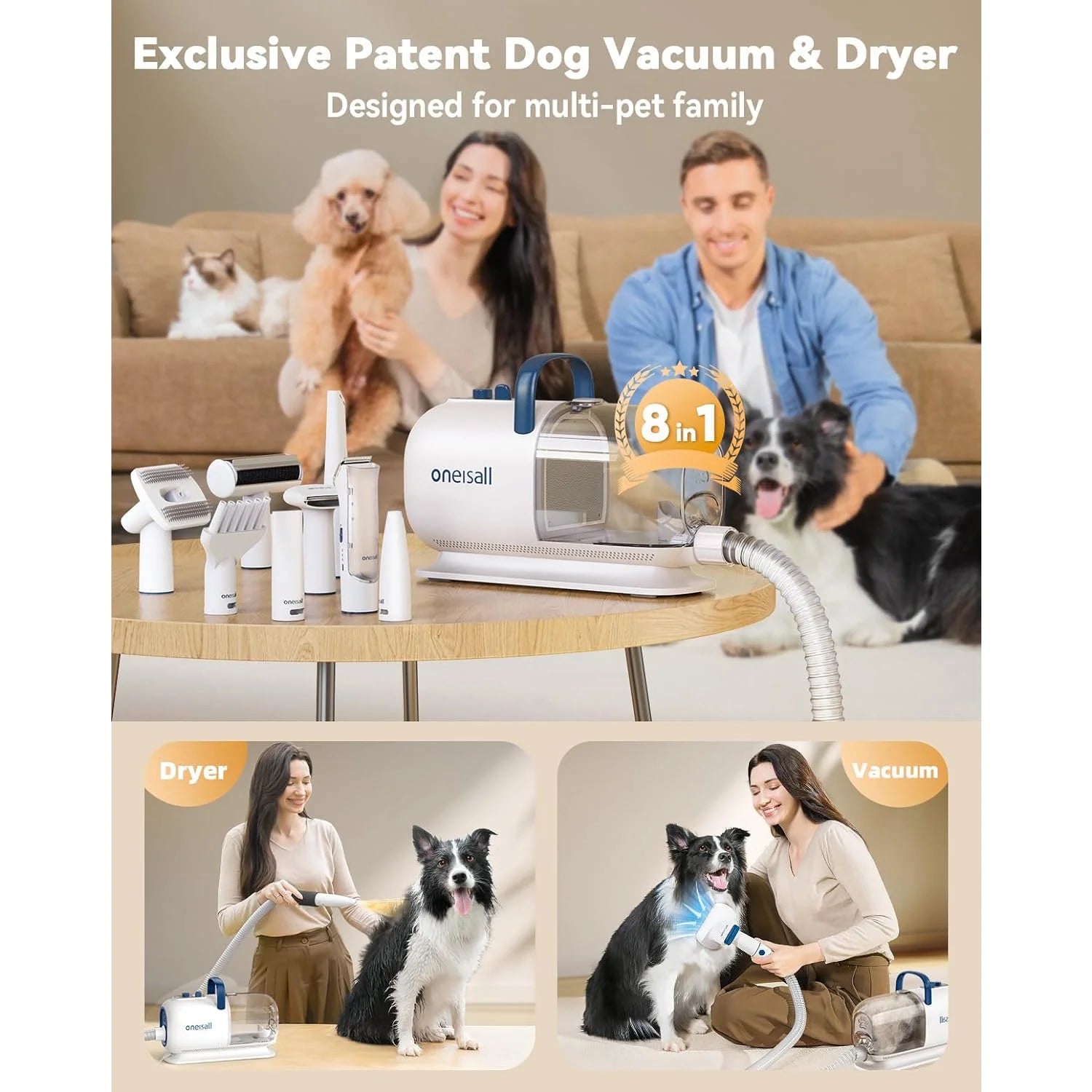 BM1 Dog Grooming Vacuum for Shedding & Drying Trimming Pet Hair, 8 in 1 Pet Grooming Vacuum & Dryer, Low Noise Pet Vacuum, Dog Grooming Kit with 7 Levels Blow Temperature & 1.5L Dust Cup