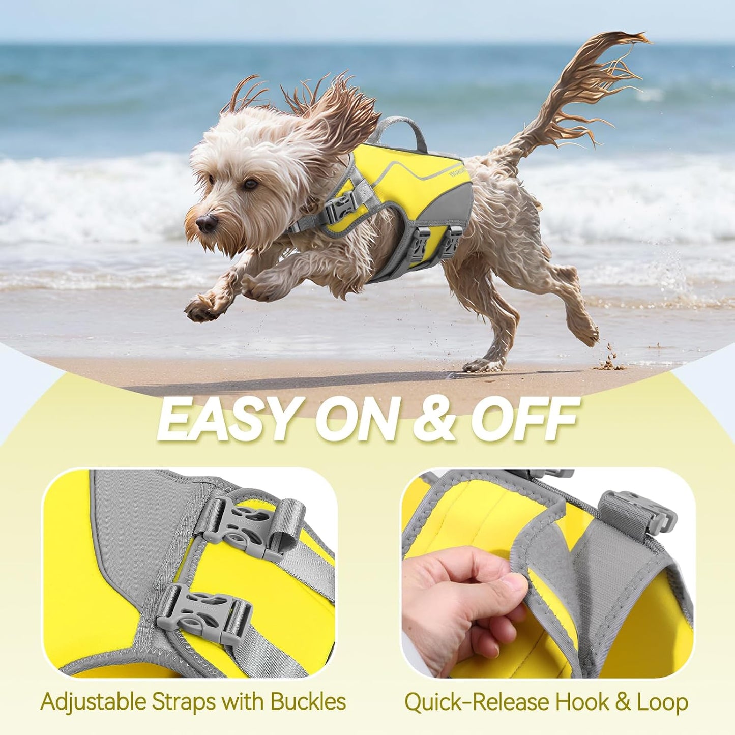 Dog Life Vest Neoprene Dog Swim Vest, XS, Alpha Yellow | High Visibility Adjustable for Doggy Cat Puppy, Lifejacket with Leash Ring & Handle for Swimming & Boating