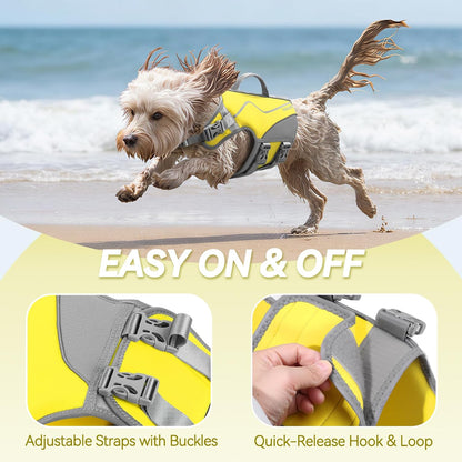 Dog Life Vest Neoprene Dog Swim Vest, XS, Alpha Yellow | High Visibility Adjustable for Doggy Cat Puppy, Lifejacket with Leash Ring & Handle for Swimming & Boating
