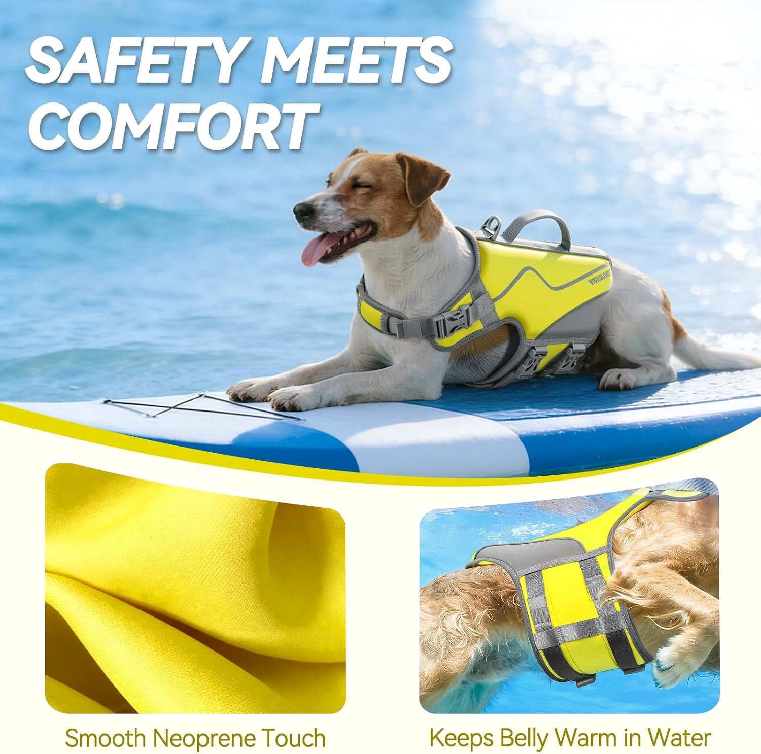 Dog Life Vest Neoprene Dog Swim Vest, XS, Alpha Yellow | High Visibility Adjustable for Doggy Cat Puppy, Lifejacket with Leash Ring & Handle for Swimming & Boating