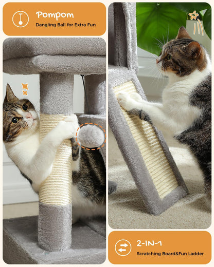 Cat Tree, 30 Inches Cat Tower with Dual Condos for Indoor Cats, Plush Cat House with Padded Perch, Scratching Ramp and Posts and Replaceable Balls-Gray