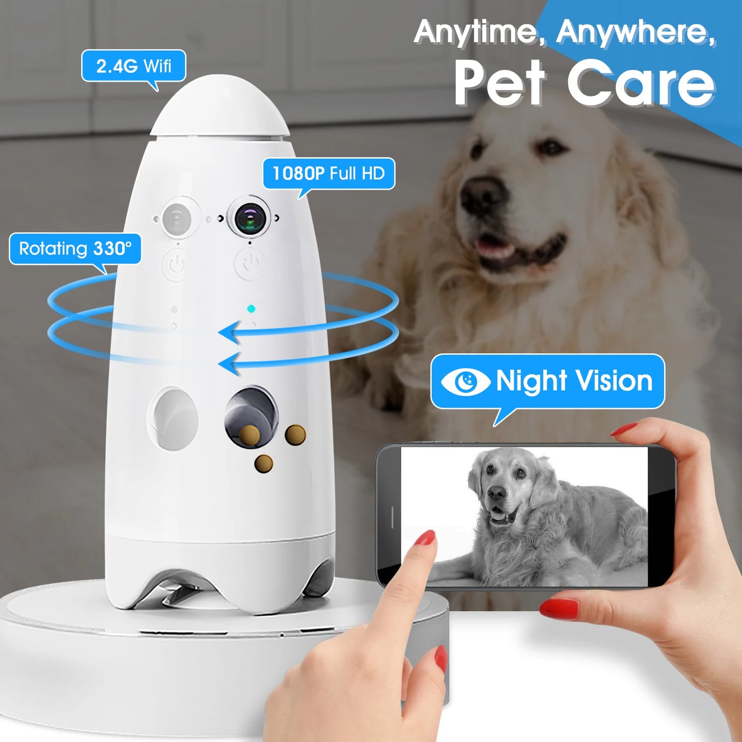 Smart 1080P Small Dog Camera with Treat Dispenser 180°View Pet Treat Tossing Dog Camera with Phone App 2 Way Audio Android & Ios