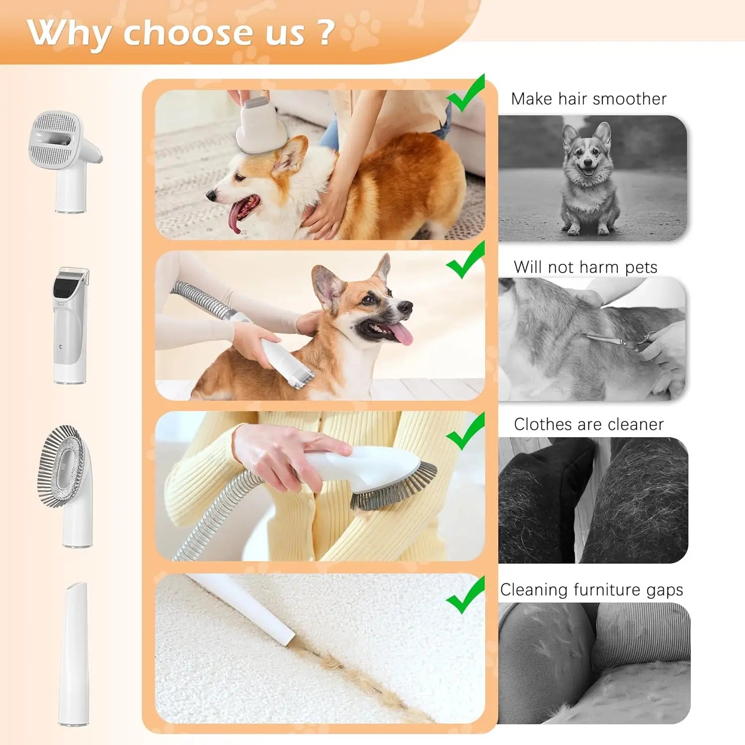 Dog Grooming Vacuum Kit with 2.3L Suction, 5 Tools for Pet Hair Removal, Low Noise Design