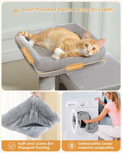 Cat Tree, 30 Inches Cat Tower with Dual Condos for Indoor Cats, Plush Cat House with Padded Perch, Scratching Ramp and Posts and Replaceable Balls-Gray