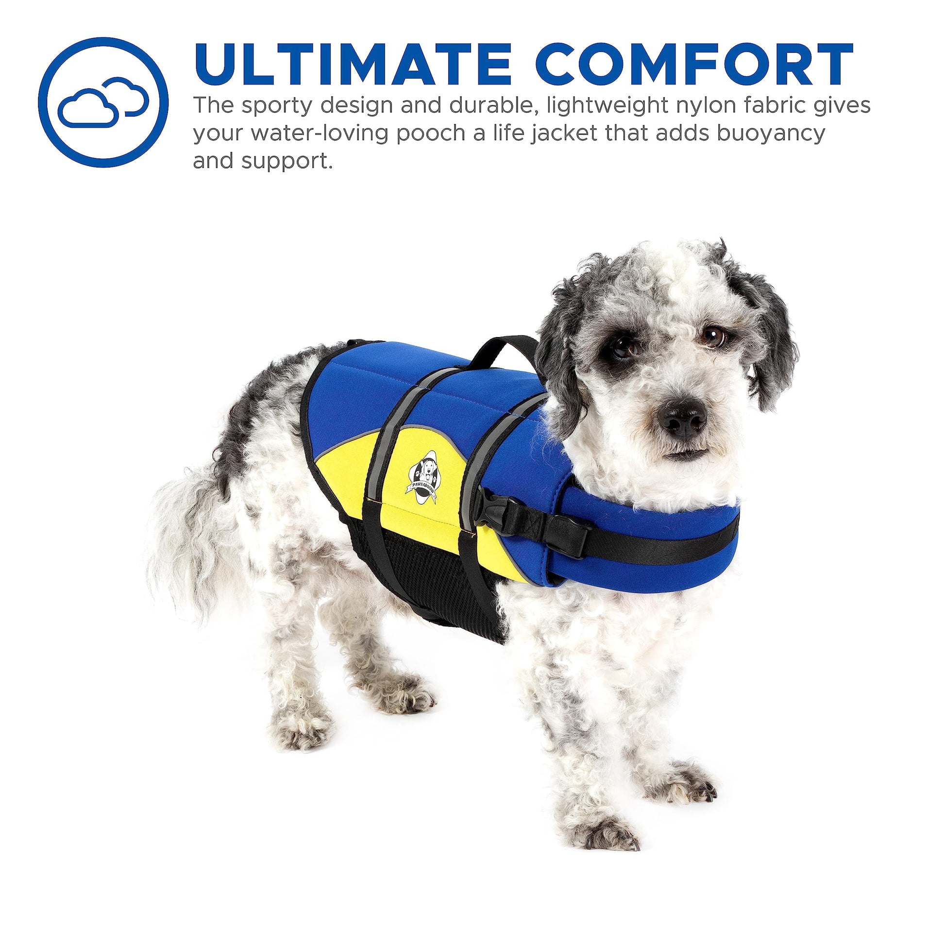 Dog Life Jacket - Keep Your Canine Safe with a Neoprene Life Vest - Designer Life Jackets - Perfect for Swimming and Boating - Blue and Yellow, Medium