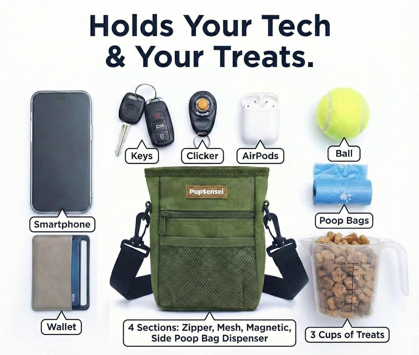 Dog Treat Pouch for Training – Magnetic Dog Treat Bag with Belt Clip & Poop Bag Dispenser – Hands Free Carry Pouch with Auto-Close Access & Shoulder Strap – Durable Pet Gear – Army Green