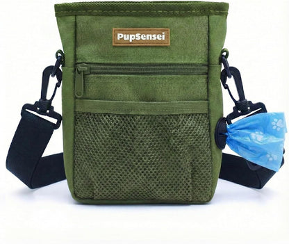 Dog Treat Pouch for Training – Magnetic Dog Treat Bag with Belt Clip & Poop Bag Dispenser – Hands Free Carry Pouch with Auto-Close Access & Shoulder Strap – Durable Pet Gear – Army Green