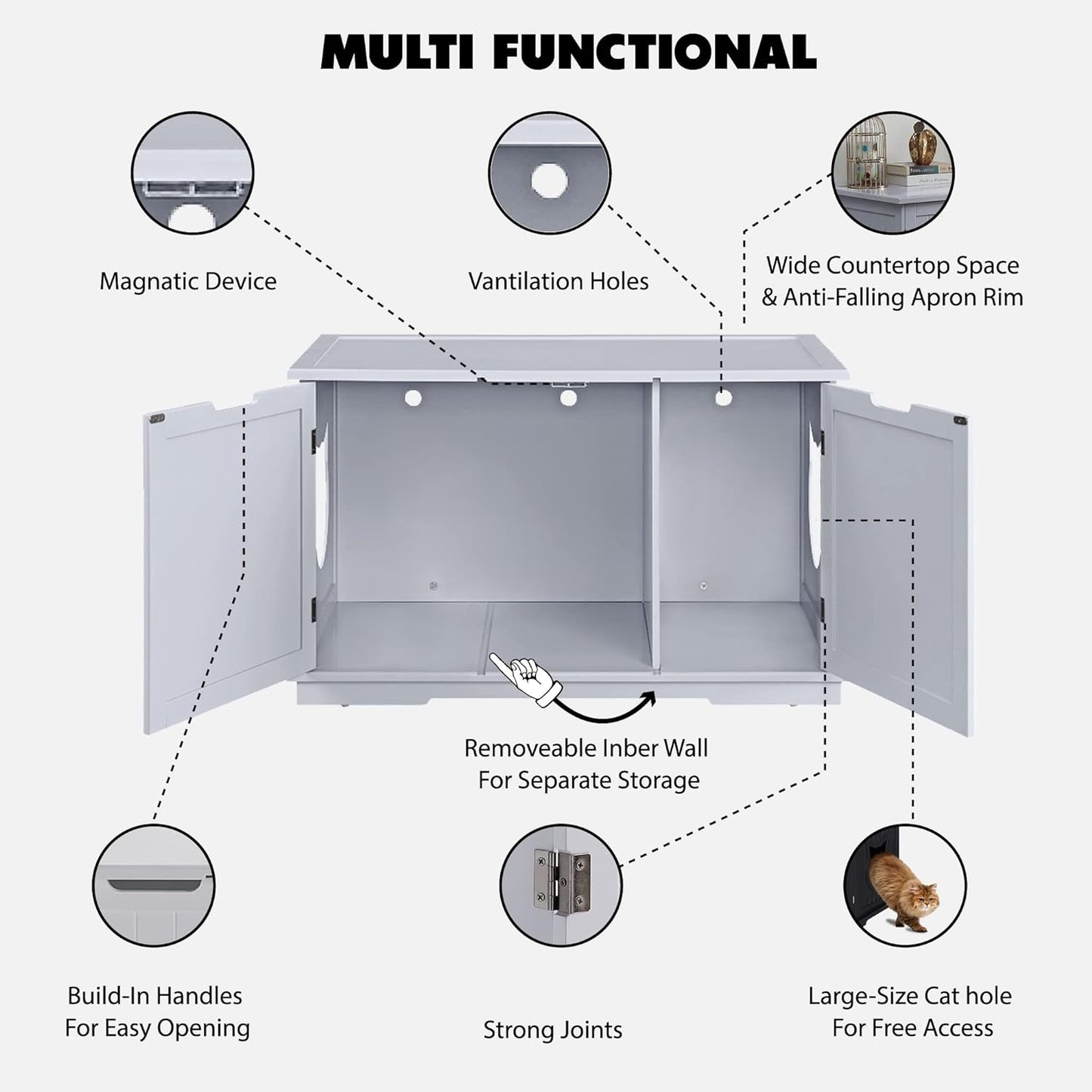 X-Large Designer Cat Washroom Storage Bench Cat Litter Box Enclosure Furniture Box House with Table (Black)